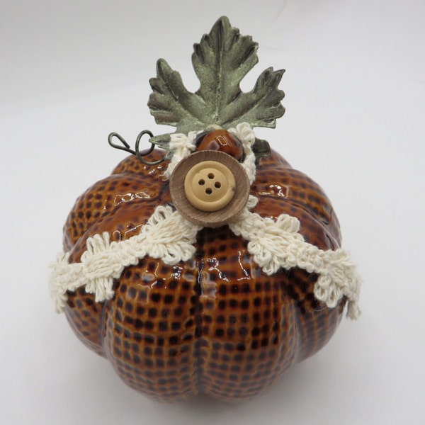 Faux Burlap Ceramic Pumpkin, Orange, Ribbon, Wood Buttons, Cute Fall Autumn Decor, Free Shipping