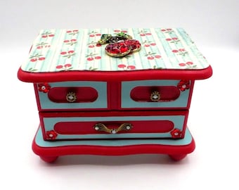 Vintage Hand Painted Wood Jewelry Box, Jeweled Cherries Decoupage