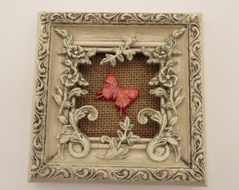 Vintage Frame with Orange Glittered Clay Butterfly on Burlap, Clay Floral Accents, Upcycled, Shelf Sitter, Spring Decor, Free Shipping
