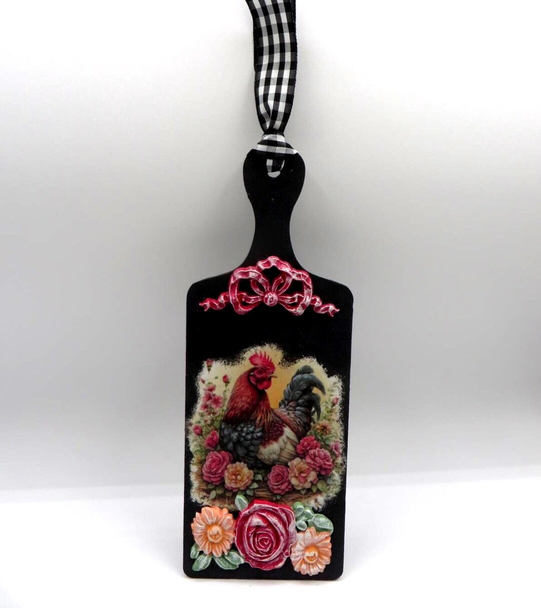 Rooster Roses Wall Rack Measuring Rooster With Roses Wall Decor, Wood Board, Black & Red - Etsy