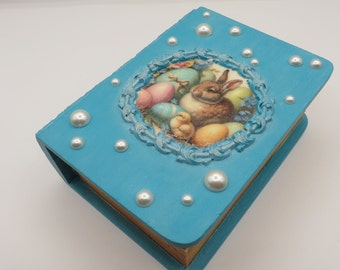 Vintage Wood Book Box, Easter Bunny, Chicks, Eggs, Blue, Aqua, Pearl Accents, White Wax Finish, Upcycled, Free Shipping