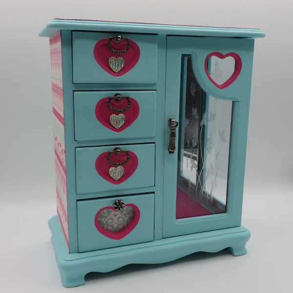 Vintage, Wood Jewelry Box, Valentine's, Hearts, Fuchsia Pink, Blue, Glittered Felt, Upcycled, Free Shipping