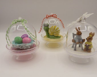 Set of 3 Mini Cloches, Easter, Spring, Pink, Yellow, White, Butterfly, Bunnies, Eggs in Nest, Snail, Free Shipping