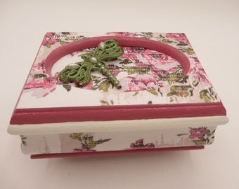Vintage Wood Jewelry Box, Green Pearled Dragonfly, Rose, Pink, White, Upcycled, Free Shipping
