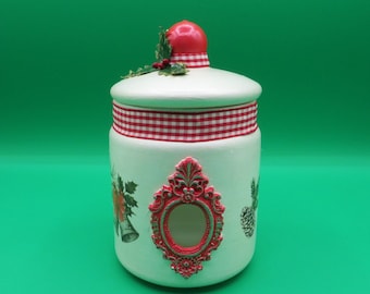 Upcycled Vintage Glass Jar with Lid, Christmas Candy Jar, Red, White Pearl, Holly, Framed Peep Holes, Free Shipping