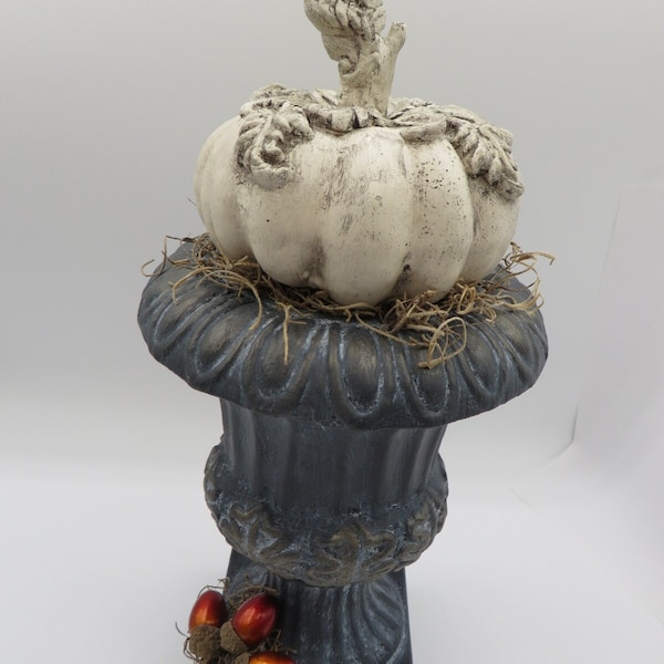 Black Urn with White Pumpkin, Gold Accents, Spanish Moss, Acorns, Clay Design, Fall/Autumn Decor, Upcycled Vintage Urn, Free Shipping