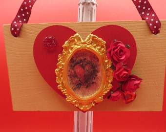 Mini Valentine Sign, Valentine Gift, Two Sided, Vintage Hearts, Red Roses, Gold Frame, Red Hearts, Wood Sign, Free Shipping