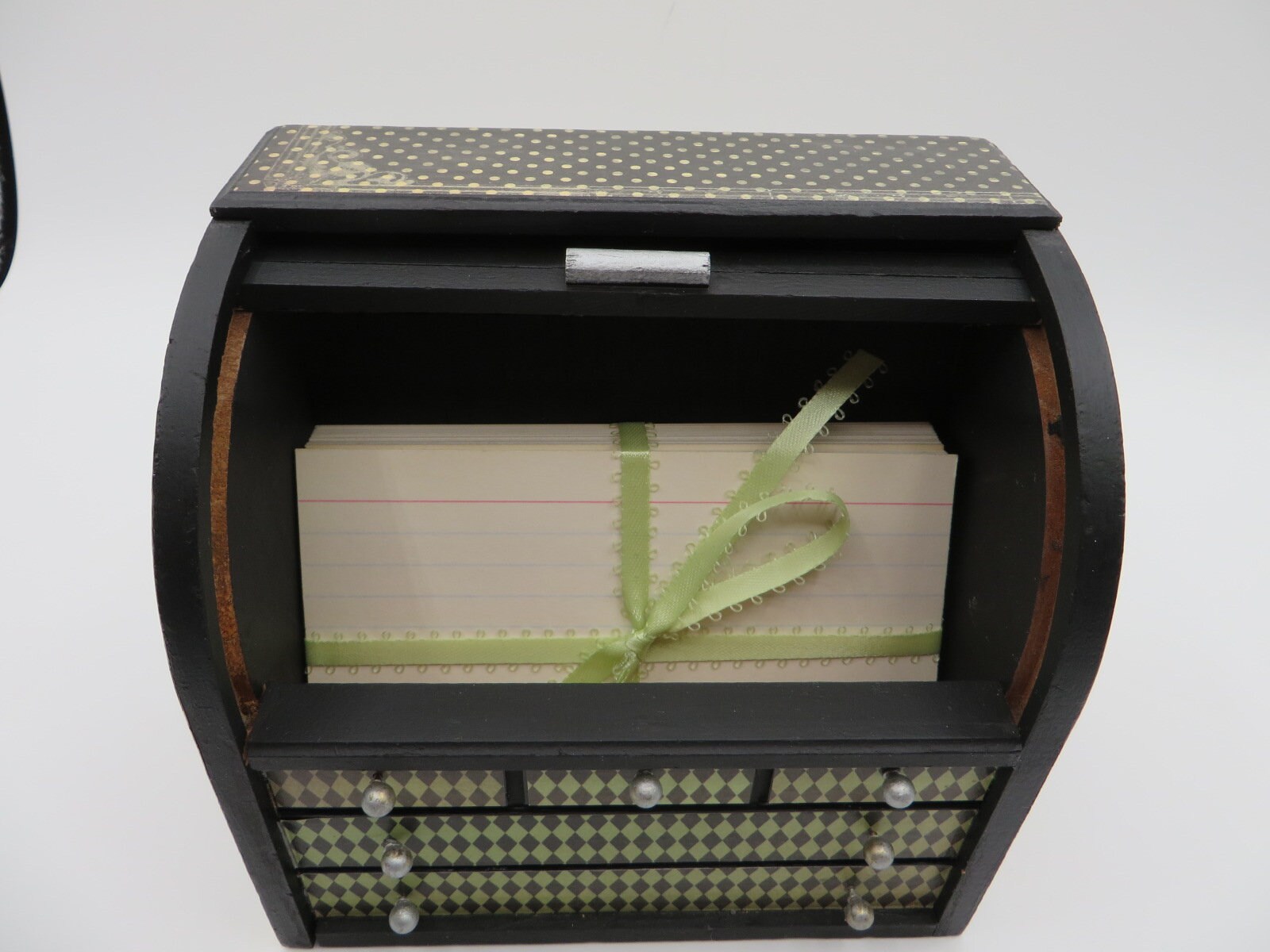 Roll Top Recipe Box, Vintage Box, Upcycled, Black, Green, Cupcakes