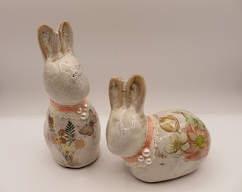 Pair of Ceramic Bunnies, Floral Transfers, Butterflies, Lace, Pearls, Ribbon, Easter or Spring Decor, Upcycled, Free Shipping