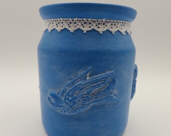 Small Vintage Crock, Blue with Clay Birds, White Wax Finish, Lace Trim Accent, Upcycled, Free Shipping