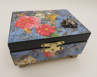 Vintage Keepsake, Memory Box, Silver and Gold Bees, Pink Floral, Blue, Black, Upcycled, Free Shipping