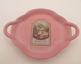 Small Ceramic Tray, Pink, Vintage Label, Pond Lily, Swans, Acrylic Diamond Feet, Upcycled, Free Shipping