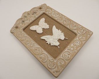 Iridescent Clay Butterflies on Burlap in a Vintage, Recycled Frame, Beige, White, Spring Decor, Shelf Sitter, Free Shipping