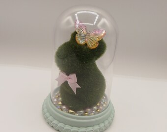 Grass Bunny Cloche, Green Base, Acrylic Cloche, Gold, Pink, and White Pearls, Yellow and Pink Butterfly, Pink Ribbon, Free Shipping