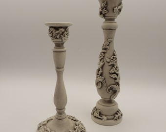 Pair of Upcycled Candlesticks, White with Black Wax Finish, Floral Clay Accents, Metal, Wood, Vintage, Upcycled, Free Shipping