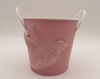 Hummingbird Metal Bucket, Pink, White, Gold Wax, Spring Decor, Upcycled, Free Shipping