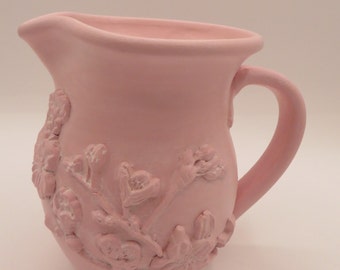 Vintage Ceramic Pitcher, Pink, Floral Clay Accents All Around, White Wax Finish, Cottage Core, Upcycled, Free Shipping