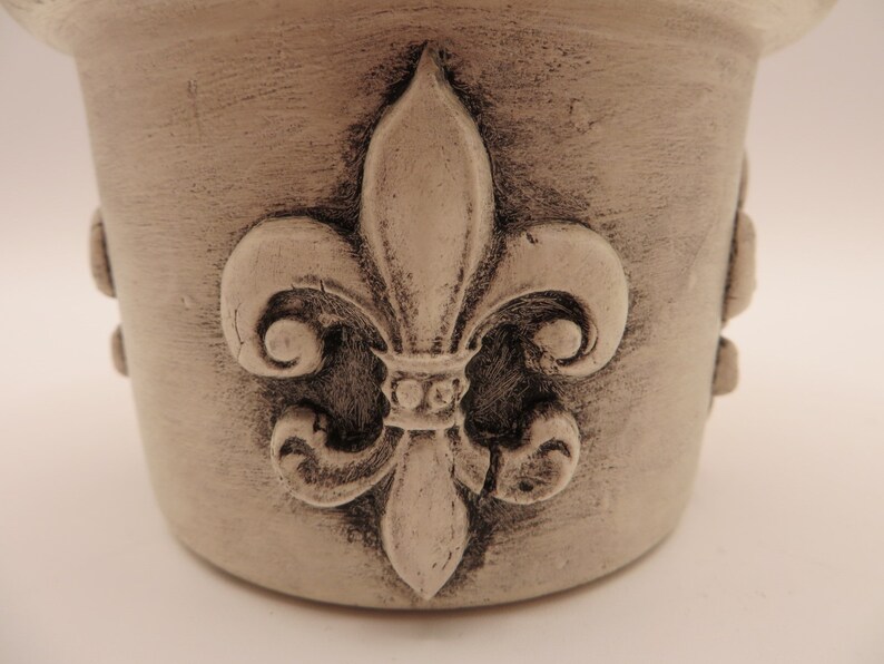 Ceramic Crock, Hand Painted White, Black Wax Finish, Clay Fleur De Lis Accents, French Country Decor, Upcycled, Free Shipping image 5