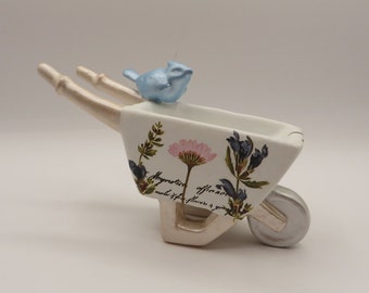 Ceramic Bluebird Wheelbarrow, Pink, Blue Flowers, Spring Decor, Upcycled, Free Shipping