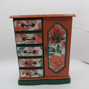 Butterfly Jewelry Box, Wood, Vintage, Coral, Green, Upcycled, Free Shipping