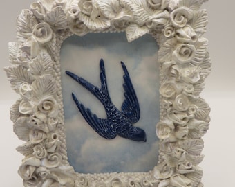 Bluebird Picture, Vintage Upcycled Floral Frame, Clay Bird, White, Iridescent Blue, Table Sitter, Free Shipping