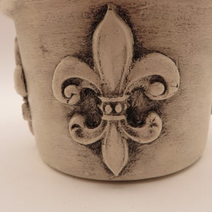 Ceramic Crock, Hand Painted White, Black Wax Finish, Clay Fleur De Lis Accents, French Country Decor, Upcycled, Free Shipping image 3