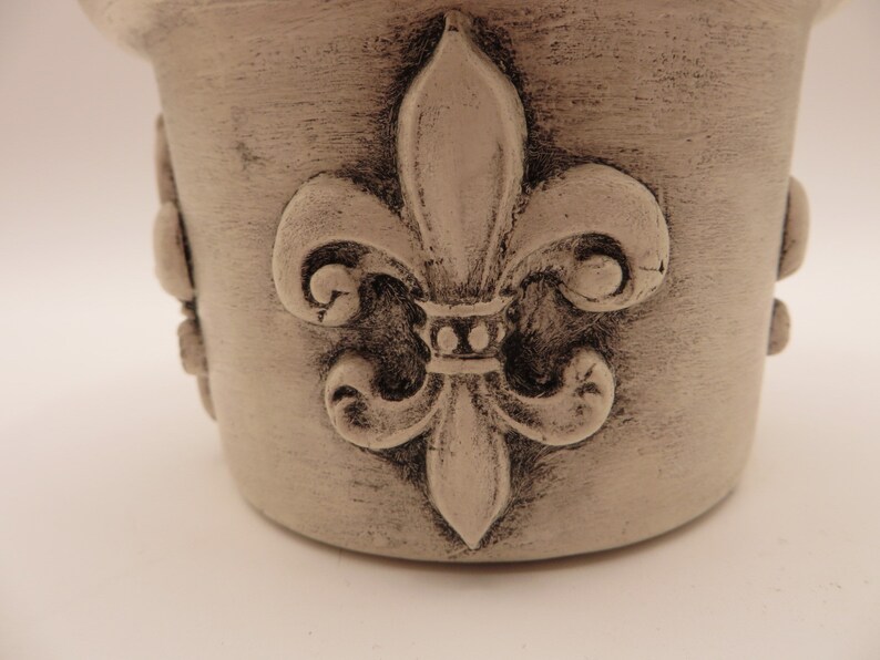 Ceramic Crock, Hand Painted White, Black Wax Finish, Clay Fleur De Lis Accents, French Country Decor, Upcycled, Free Shipping image 3