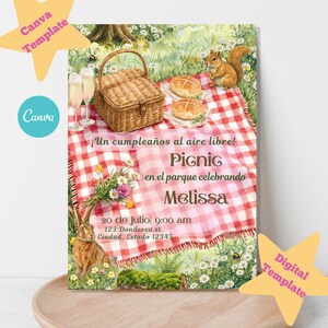 Spanish Picnic Birthday Invite Template, Picnic Cumpleaños Invitación, Bosque, Woodland Animals, Editable Canva Template