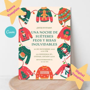 May include: A digital invitation template for an Ugly Sweater party. The design features various illustrated sweaters in red, green, and orange, with text in Spanish. The invitation includes the date, time, and location of the event.