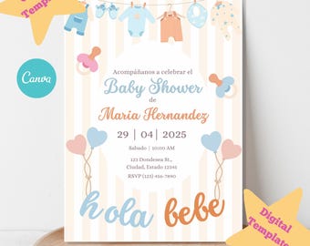 Spanische Babypartyeinladung, Spanische Babypartyeinladungsvorlage, Fiesta de Babyparty, Invitacion en Espanol, bearbeitbare Canva-Vorlage