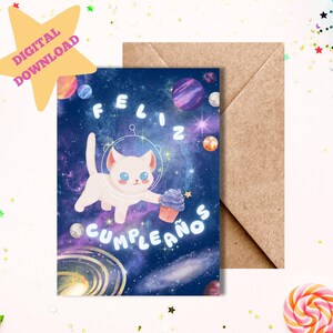 Gato en el Espacio, Tarjeta de Feliz Cupleanos, Spanische Geburtstagskarte, Spanische Sprache, Weltraum-Geburtstag, Gato Galactico, DIGITAL DOWNLOAD