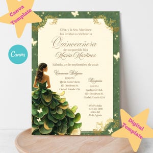 Quinceañera Invitation, Magical Enchanted Forest Green Theme, Spanish, English, Editable Canva Invite Template, Invitación Bosque Encantado