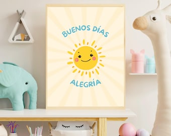 Buenos Dias Alegria Poster, Spanish Nursery Poster, Cute Spanish Sun Poster, Spanish Nursery, Playroom, Spanish Language, DIGITAL DOWNLOAD