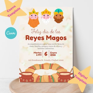 Op de afbeelding: Een digitale uitnodiging voor Driekoningen, met illustraties van de drie koningen met kronen. De tekst luidt "Feliz día de los Reyes Magos" en bevat details voor een bijeenkomst op dinsdag 6 januari 2026 om 18.00 uur.