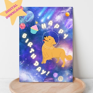 Space Dog Birthday Card, Dog Lover Gift, GoldenDoodle Birthday Card, GoldenRetriever BDay Card, Space Lover Card, DIY Card, DIGITAL DOWNLOAD