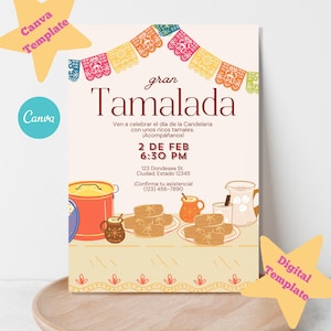 Peut inclure: Une invitation numérique pour un événement "Tamalada", avec des bannières de papel picado colorées. La conception comprend des illustrations de tamales, d'un pot et d'un pichet. Le texte comprend les détails de l'événement et un numéro de téléphone.