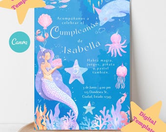 Cumpleaños de Sirenita, Fiesta de Sirenas, Spanish Mermaid Party Invitation Template, Cute Mermaid Birthday Invite, Editable Canva Template