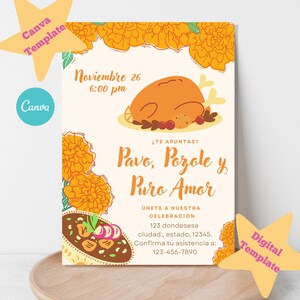 May include: A digital invitation template with a festive design. The invitation features a roasted turkey illustration, marigold flowers, and text in Spanish. The text includes the date, time, and event details. The Canva and Digital Template logos are also visible.