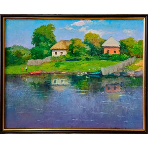 CUADRO VINTAGE ENMARCADO Pintura al óleo original única del artista ucraniano B. Pryezzhev, Myrhorod. Río Khorol, 1985 Obra de arte vintage