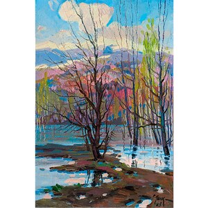 PINTURA DE PAISAJE, Pintura al óleo original del artista ucraniano soviético S.Usik, La inundación, 1983, Vista del río, Paisaje acuático, Naturaleza