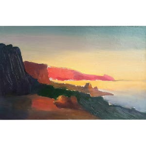 PINTURA DE PAISAJE MARINO, Impresionismo, Pintura al óleo original sobre lienzo de cartón del artista ucraniano soviético O. Dovhan, Paisaje marino, Arte marino de los años 80