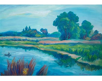 VINTAGE RURAL LANDSCAPE One of a kind Original Oil Painting on canvas by Ukrainian artist F.Mateichuk, Early autumn 1990s Collectible Art