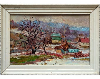 Vintage Village Winter Landscape Oil Painting by Vashchenko