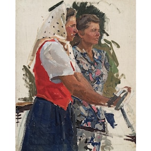May include: Oil painting depicting two women. One is wearing a white headscarf with black spots, a red waistcoat, and a blue skirt. The other is in a floral blouse. They seem to be outside, perhaps near a bicycle.