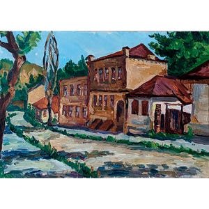 PINTURA AL ÓLEO VINTAGE Pintura de paisaje urbano Pintura original de la artista ucraniana N.Makeeva Calle Goncharna Podil Kiev Escena urbana de los años 70