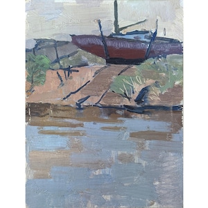 PINTURA AL ÓLEO VINTAGE del artista ucraniano I.Yukhno, Yate en la orilla, 1957 Obra de arte retro Obra de arte retro náutica clásica, Vista al mar