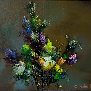 PINTURA AL ÓLEO MODERNA Lienzo de pintura al óleo impresionista sobre cartón del artista ucraniano Pavel Guzenko, Ramo de flores, Bellas Artes de la década de 2000