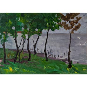 May include: An oil painting depicting a lakeside view. Green trees with dark trunks stand on a grassy bank. The water is grey, and the sky is overcast. Birds are seen in the distance.