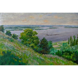 RIVER PAINTING, Art of the 20th century, Vintage original oil painting by Ukrainian artist V.Kharchenko, Dnieper River, Classic style