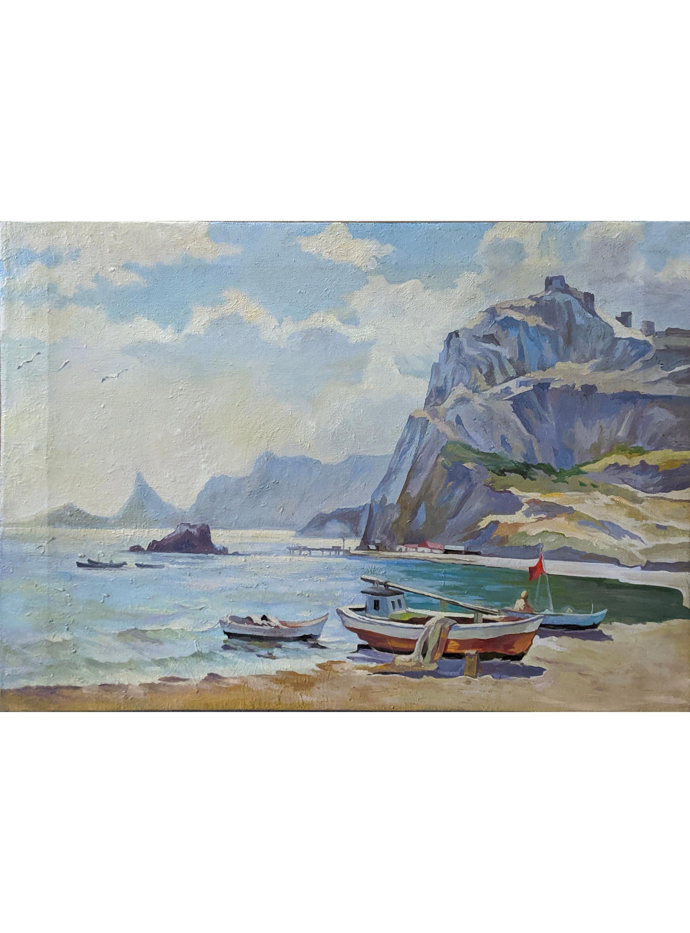 無名のソビエトウクライナ人画家による海の絵画、海岸のボート - Etsy 日本